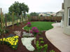 Decorative plantings, trees, patio, borders, mulch.